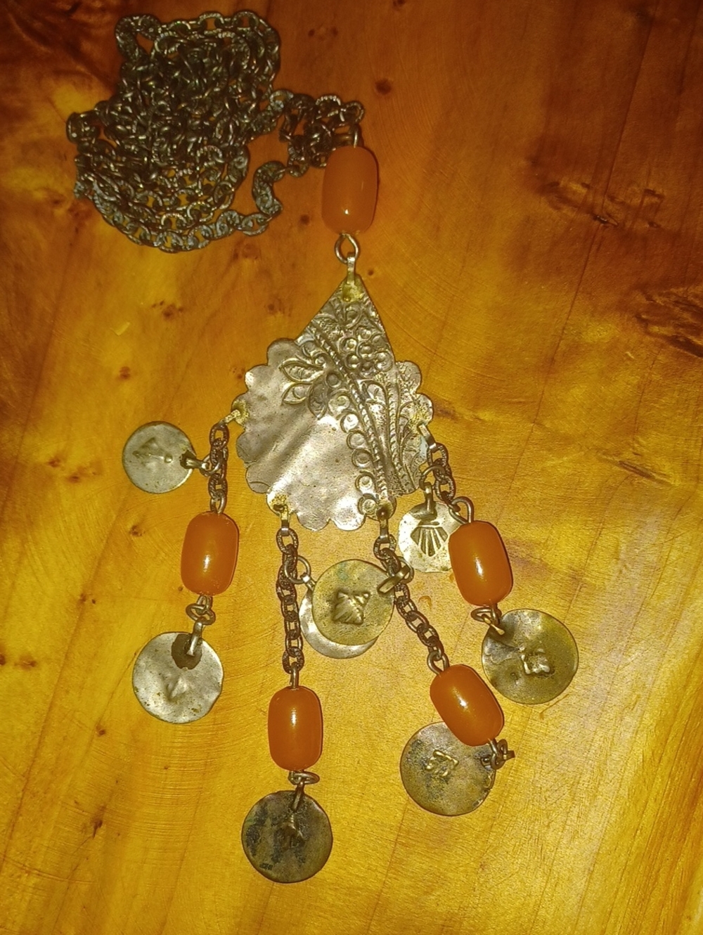 Vintage 1970s Tribal Coin & Tested Butterscotch Bakelite Bead Necklace Boho Moro